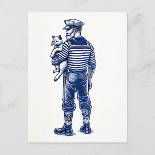 Carte Postale Illustration vintage d'un marin tenant un chat