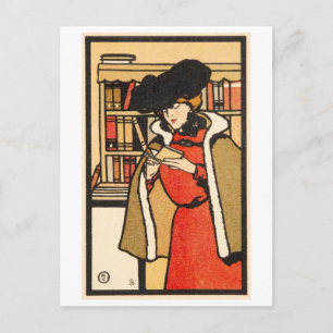 Carte Postale Illustration vintage d'une femme lisant un livre