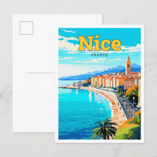 Carte Postale Illustration Vintage Nice France Travel Art