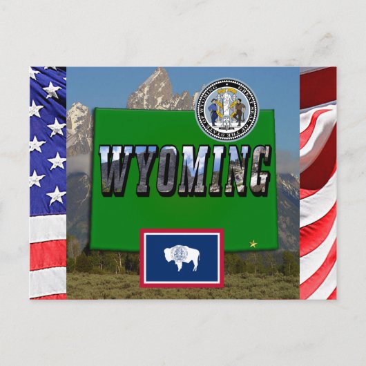 Carte Postale Image et texte du Wyoming, carte, drapeau et sceau (Devant)