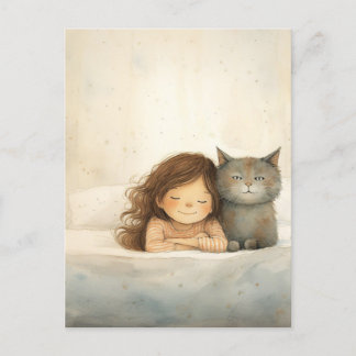 Carte Postale Image mignonne de petite fille et chat