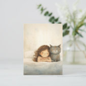 Carte Postale Image mignonne de petite fille et chat (Debout devant)