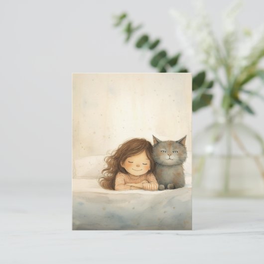 Carte Postale Image mignonne de petite fille et chat (Debout devant)