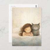 Carte Postale Image mignonne de petite fille et chat (Devant / Derrière)
