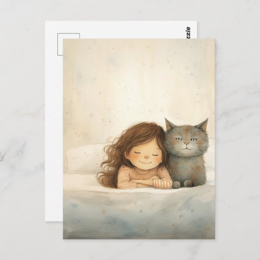 Carte Postale Image mignonne de petite fille et chat (Devant / Derrière)