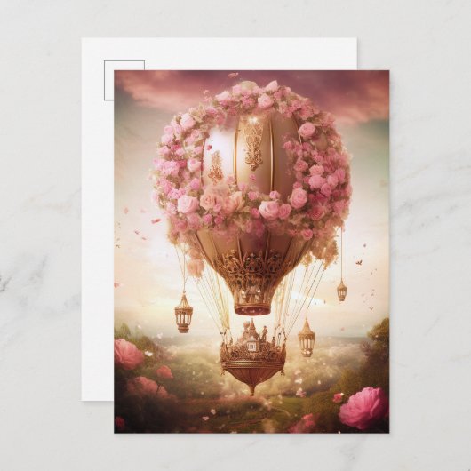 Carte Postale Imaginaire à air chaud ballon rose or (Devant / Derrière)