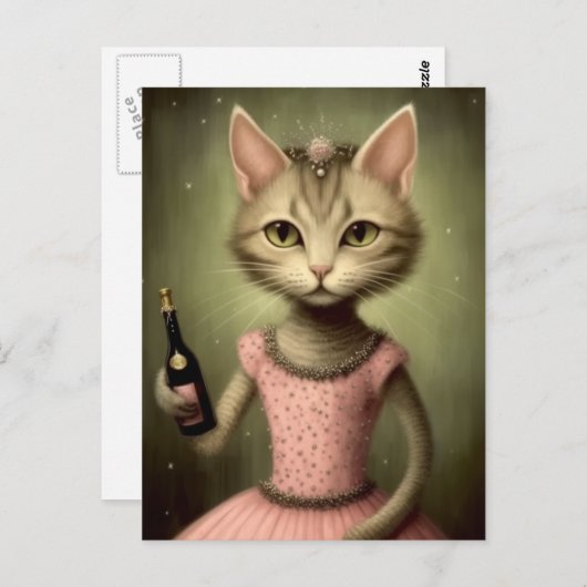 Carte Postale Imaginaire Ballerina Chat Champagne Rose (Devant / Derrière)