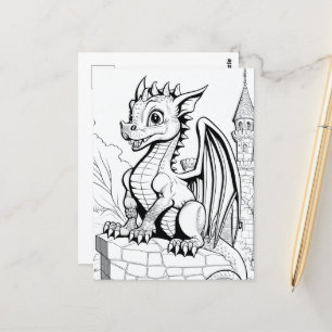 Carte Postale Imaginaire Dragon noir et blanc style de livre