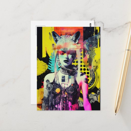 Carte Postale Imaginaire Femme et Animaux Collage coloré (Devant/Arrière en situation)