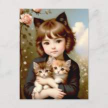 Imaginaire fille avec chatons - Peinture Vintage