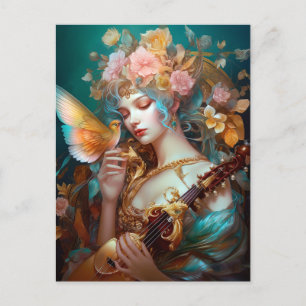 Carte Postale Imaginaire Lady Avec Lute & Butterfly Bird