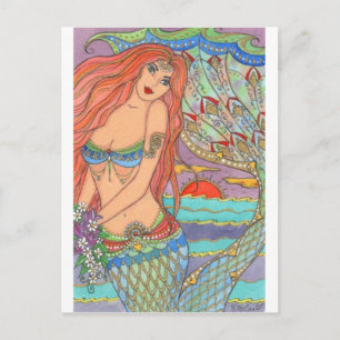 Carte Postale Imaginaire Mermaid Princess Art Sunset Fleurs