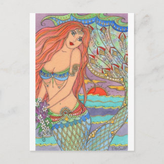 Carte Postale Imaginaire Mermaid Princess Art Sunset Fleurs