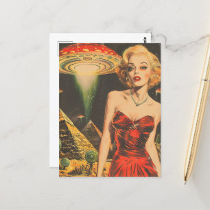 Carte Postale Imaginaire Scifi Aliens Blond femme en robe rouge
