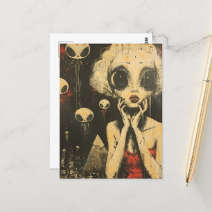 Carte Postale Imaginaire scifi Aliens et femme en robe rouge