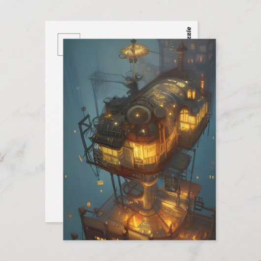 Carte Postale Imaginaire Steampunk City Vue aérienne (Devant / Derrière)