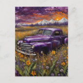 Carte Postale Imaginaire Vechicle violet rétro dans une prairie  (Devant)