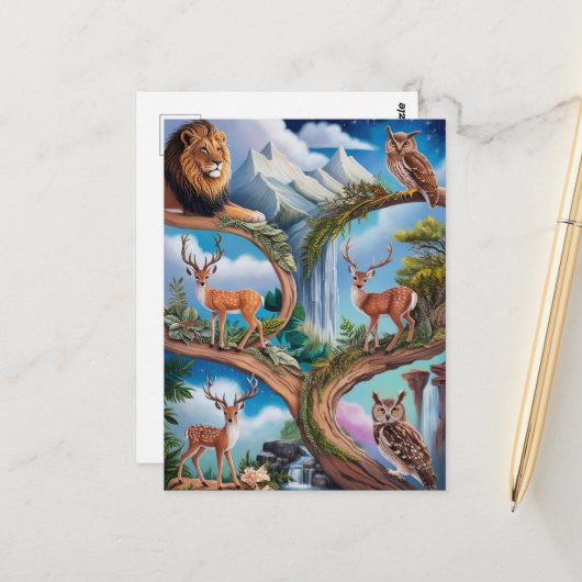 Carte Postale Imaginaire Whimsical de la faune Miniature complex (Devant/Arrière en situation)