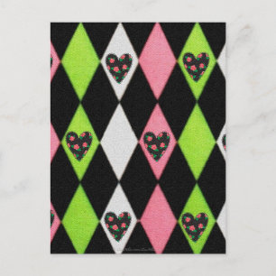 Carte Postale Impression colorée d'Arlequin avec des cœurs de ro