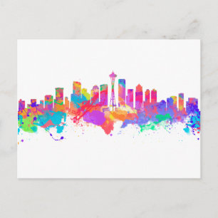 Carte Postale Impression d'aquarelle de l'horizon de Seattle USA