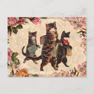 Carte Postale Impression de chatons vintage allant à l'école : V