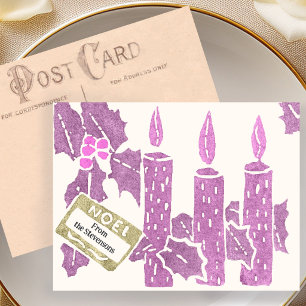 Carte Postale Impression de Noël vintage en linogravure Bougies 