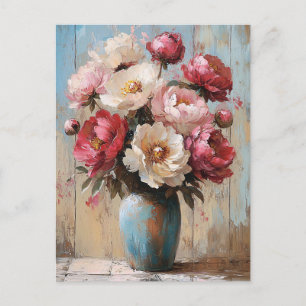 Carte Postale Impressionniste Fleurs Roses Vase Bleu Vase