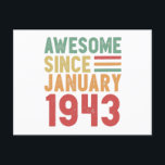 Carte Postale Incroyable depuis 1943 80e anniversaire Cadeau vin<br><div class="desc">Incroyable depuis janvier 1943 design vintage. Cadeau idéal pour 80 ans pour une personne née en janvier. Cadeau rétro pour hommes,  femmes,  enfants,  grand-père,  grand-mère ou papa à la fête des pères.</div>