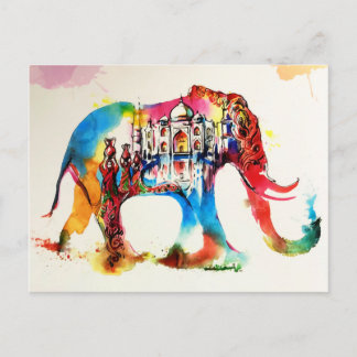 Carte Postale Inde Elephant Vintage voyage Love Aquarelle