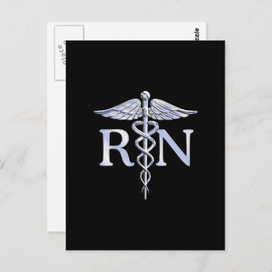 Carte Postale Infirmière inscrite RN Caduceus Snakes Solide Noir (Devant / Derrière)