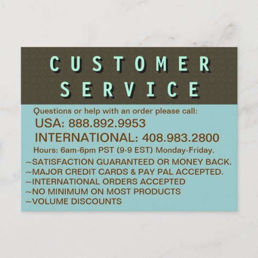Carte Postale Information de contact du service client (Devant)