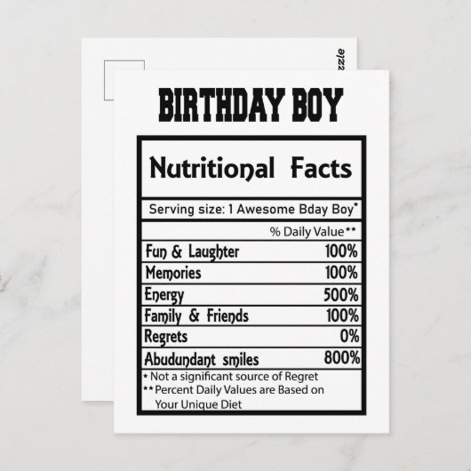 Carte Postale Informations nutritionnelles du garçon d'anniversa (Devant / Derrière)