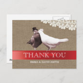 Carte Postale Inséparables de ruban rouge classique Merci Burlap (Devant / Derrière)