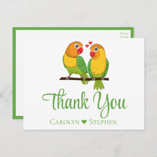 Carte Postale Inséparables Green Yellow Lovebird Mariage Merci (Devant / Derrière)