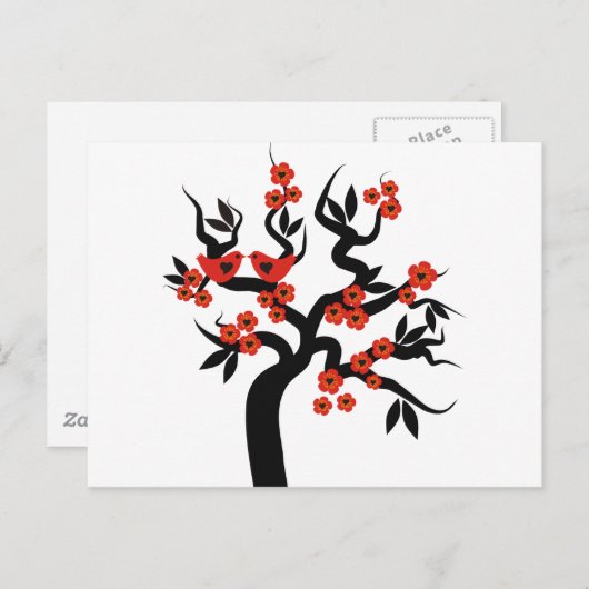 Carte Postale Inséparables noirs rouges sakura cherry tree & Blo (Devant / Derrière)
