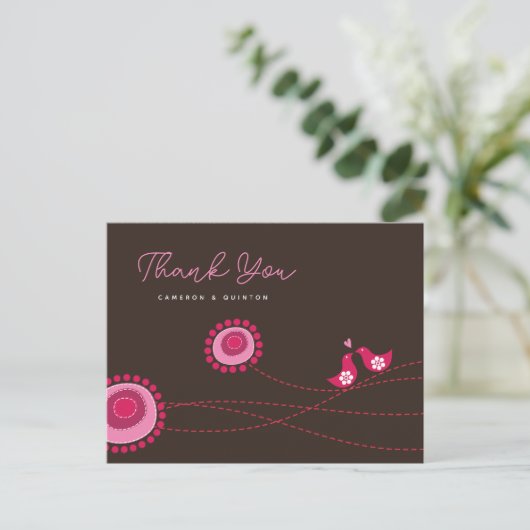 Carte Postale Inséparables roses & Fleurs pointillées Mariage lu (Debout devant)