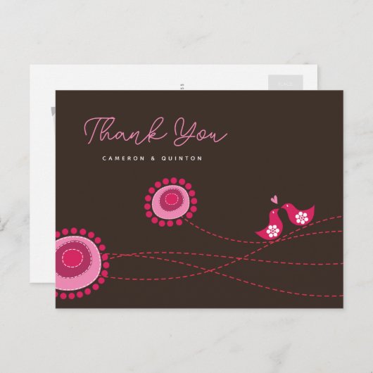 Carte Postale Inséparables roses & Fleurs pointillées Mariage lu (Devant / Derrière)