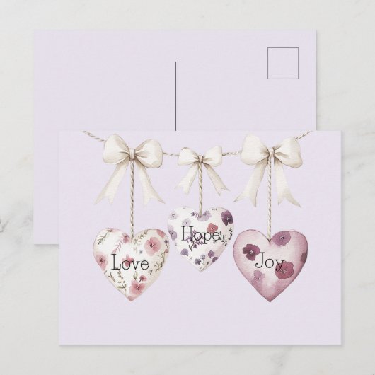Carte Postale Inspirational Floral Love Hope Joy Hearts Bow (Devant / Derrière)