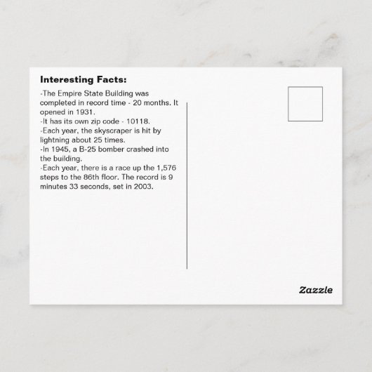 Carte Postale Intéressant Empire State Building Faits (Dos)