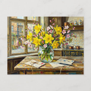 Carte Postale Intérieur de fenêtre avec fleurs de jonquilles