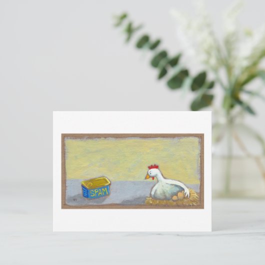 Carte Postale Intitulé : Spam et oeufs - poulet d'art de petit (Debout devant)