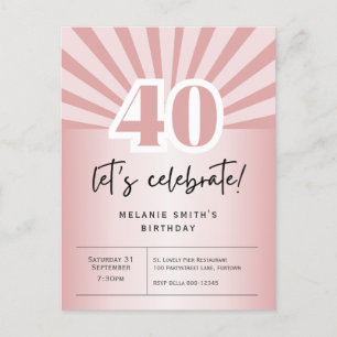 Carte postale Invitation 40e anniversaire, or rose