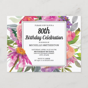 Carte Postale Invitation 80 ans femme fleurs rose violet