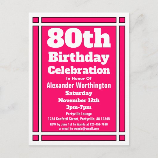 Carte postale Invitation 80th Pink Simple Birthday (Devant)