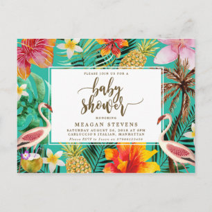 Carte Postale Invitation à une baby shower flamant rose tropical