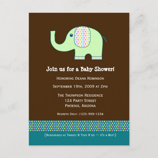 Carte Postale Invitation Baby shower bébé éléphant (Devant)