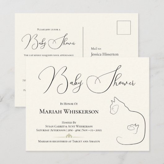 Carte Postale Invitation Baby shower chat et chaton élégant (Devant / Derrière)