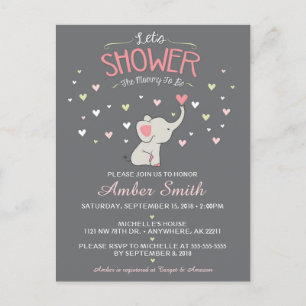 Carte Postale Invitation Baby shower de fille éléphante