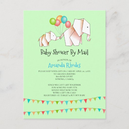 Carte Postale Invitation Baby shower Elephant Par Courrier (Devant)