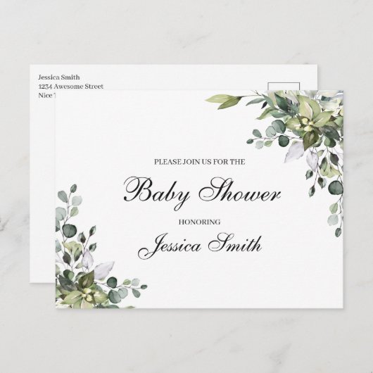 Carte postale Invitation Baby shower Eucalyptus (Devant / Derrière)